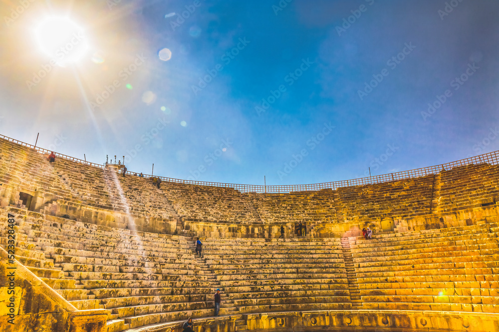 Ancient Roman Amphitheater Sun Jerash Jordan