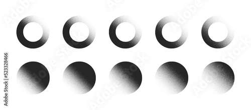 Various Intensity Density Black Noise Gradient Abstract Graphic Grainy Textured Round Forms Vector Set Isolated On White Back. Different Hand Drawn Stippled Circles Isolate Design Elements Collection