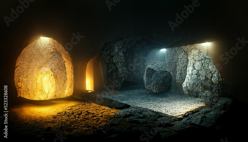 Dark medieval castle dungeon tunnel ,Dark underground corridor in a dungeon with light photo