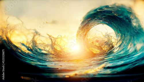 Surfing colored ocean wave falling down at sunset time