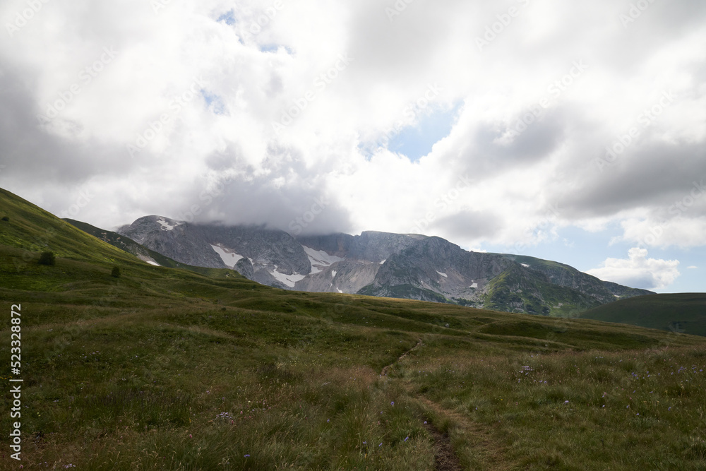 Obraz premium alpine meadows in the mountains with clouds on a sunny day