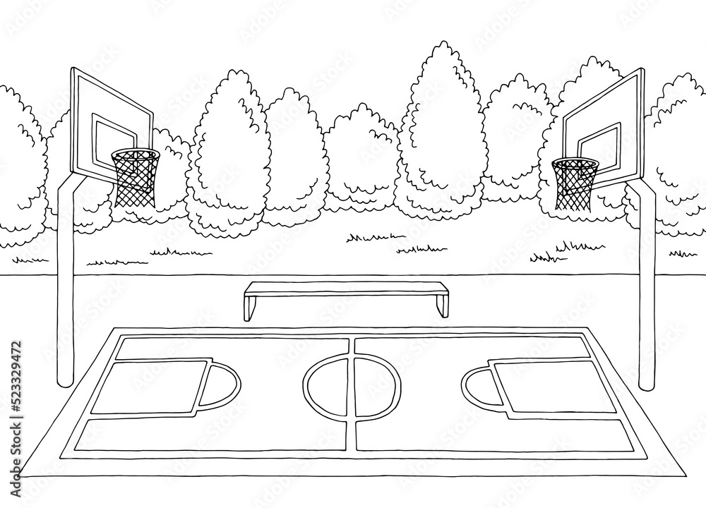 Basketball court sport graphic black white landscape sketch Basketball court sport graphic black white landscape sketch