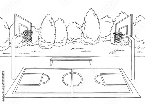 Basketball court sport graphic black white landscape sketch illustration vector 