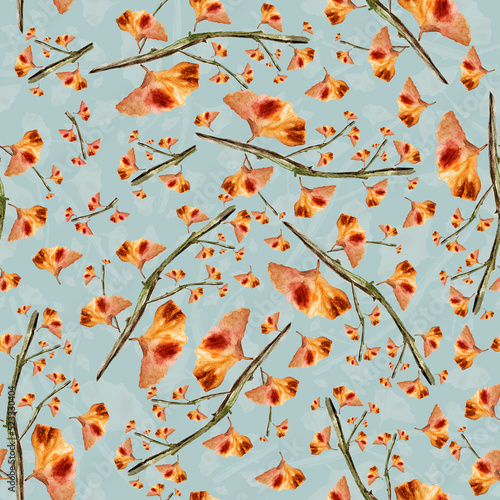 Ginkgo biloba garden autumn watercolor seamless pattern. Template for decorating designs and illustrations.