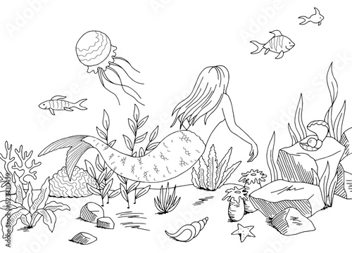 Mermaid underwater graphic black white sea landscape sketch illustration vector