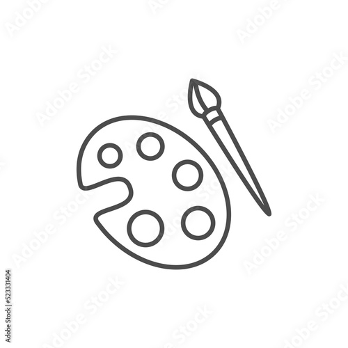 Simple black icon of artist palette and brush. Paint brush with palette