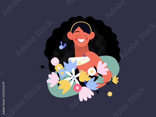 Fototapeta Naklejka Na Ścianę i Meble -  Gift card -Online shopping and electronic commerce series - modern flat vector concept illustration of woman taking gift card from a bunch of flowers. Promotion, discounts, sale, online orders concept