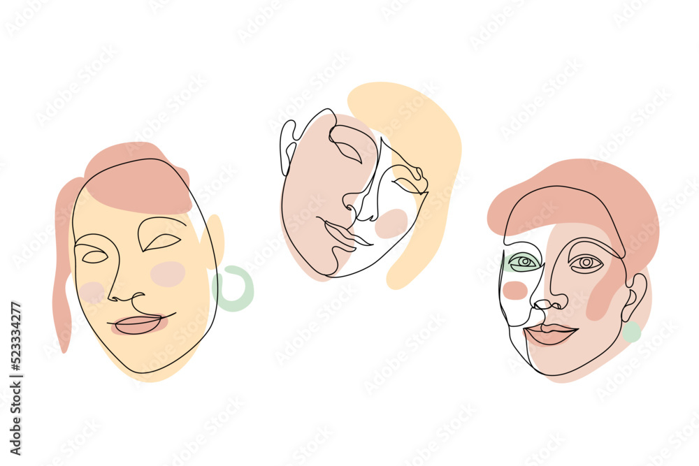 Set of female faces single line drawings and pastel abstract shapes compositions Set of female faces single line drawings and pastel abstract shapes compositions