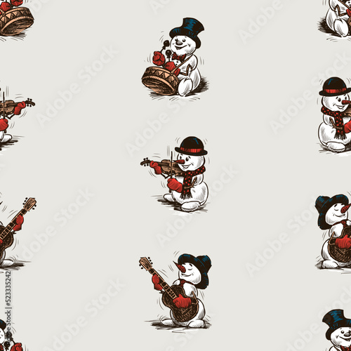 Seamless background of drawn cheerful cartoon musician snowmen playing in christmas