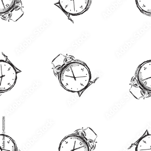 Seamless background of sketches old alarm clocks