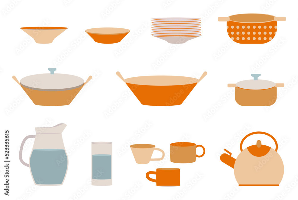 Obraz premium Set of kitchenware, kitchen tools, cooking and utensils. Various dishes and crockery on the shelf. Vector colorful illustration with textured background.