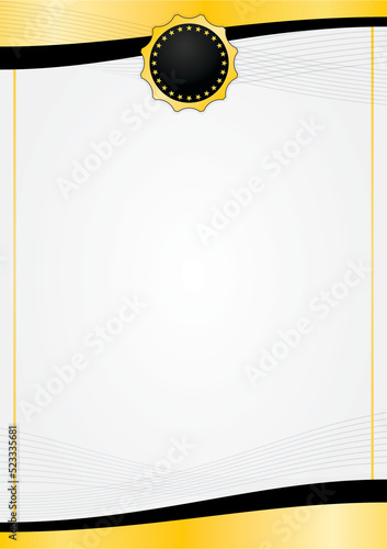 Vertical certificate template with golden border and badge.