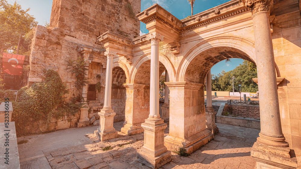 Famous gate or Hadrianus arch in Antalya without visitors. Travel landmarks and must-see tourist and sightseeing sites in Turkey