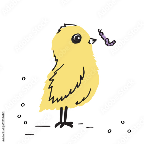 The inquisitive chick made friends with the caterpillar. Cute baby vector illustration isolate on white. Printable template.