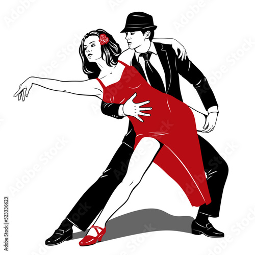 Couple dancing tango. Woman in red dress, Man in black suit. Pin Up, Pop Art style. Vector drawing.