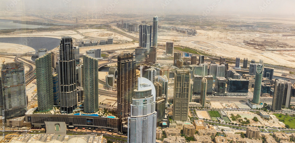 Dubai, UAE - 07.18.2021 - Areal view of downtown and Address hotel. City