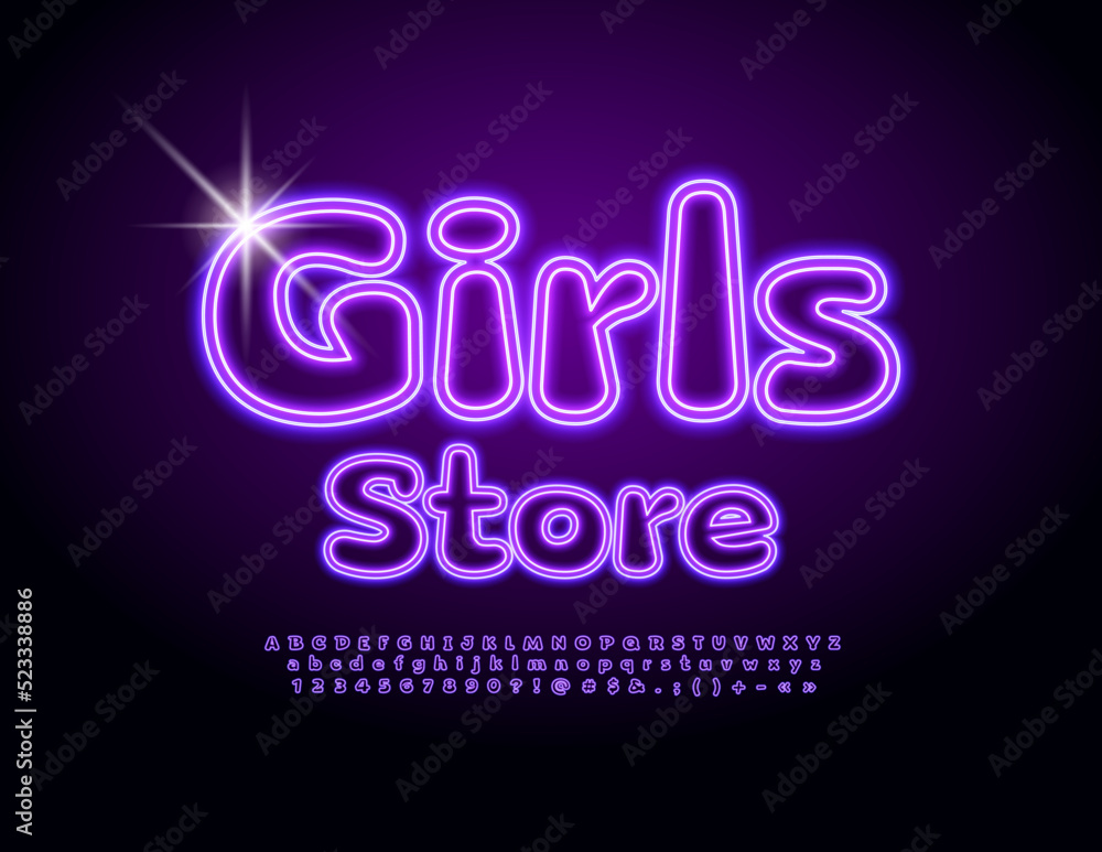Vector glowing sign Girls Store. Cute violet Font. Modern Artistic Alphabet Letters and Numbers set