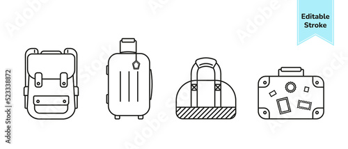 Set of travel bag icons. Backpack, suitcase, handbag, portmanteau. Editable stroke. Vector illustration.