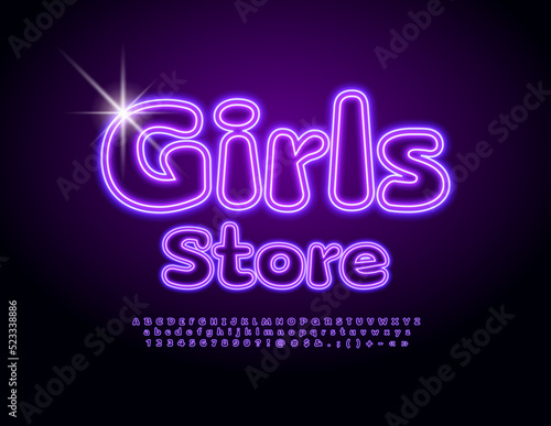 Vector glowing sign Girls Store. Cute violet Font. Modern Artistic Alphabet Letters and Numbers set