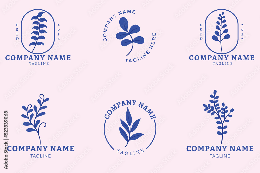 Minimalist Dark Blue Leaf Leaves Tropical Logo Collection Template Style Pastel.