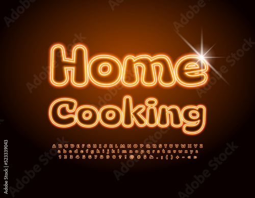 Vector cute sign Home Cooking with Gold Neon Font, Bright set of illuminated Alphabet Letters, Numbers and Symbols