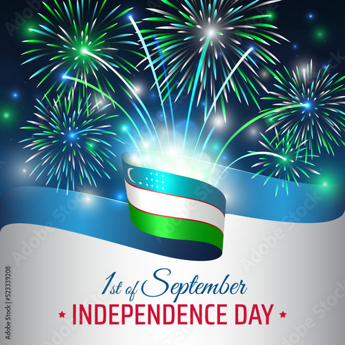 September 1, uzbekistan independence day, vector template with uzbek flag and colorful fireworks on blue night sky background. Uzbekistan national holiday september 1st. Independence day card