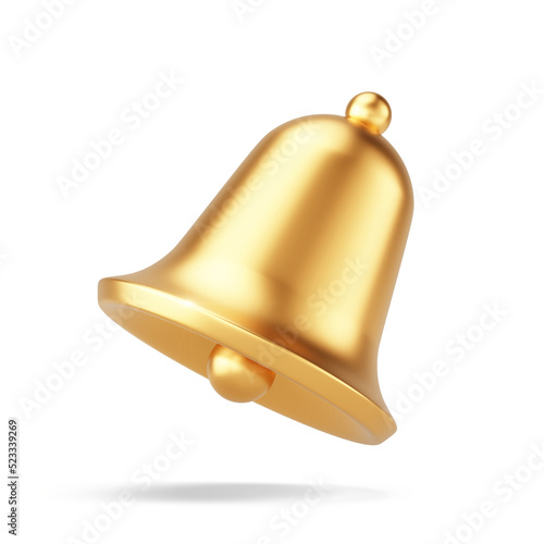 Gold 3d notification bell icon. Isolated on white background. 3d rendering