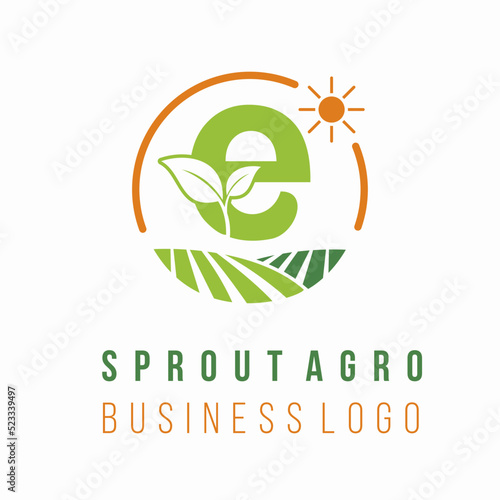 Initial e letter with farm land field for agrobusiness environment ecology business consultant logo idea