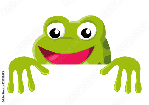 Funny cartoon of a frog peeking from behind the wall