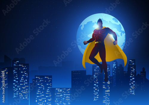 Superhero flying on beautiful cityscape during full moon