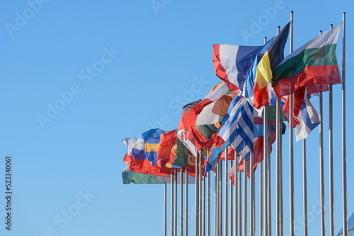 Many hoisted European flags flutter in the wind, isolated, copyspace photo