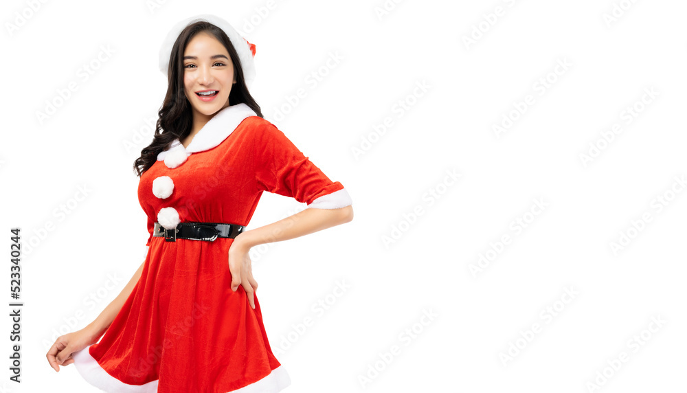 Young woman wearing red Santa Claus costume and Santa Claus Hat Look at camera with surprised face isolated on white background copy space Christmas x-mas winter happiness holiday and party concept Young woman wearing red Santa Claus costume and Santa Claus Hat Look at camera with surprised face isolated on white background copy space Christmas x-mas winter happiness holiday and party concept