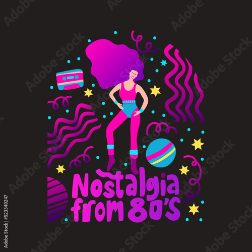 Disco party 70s 80s. Woman dance retro night party poster. Aerobic Fashion