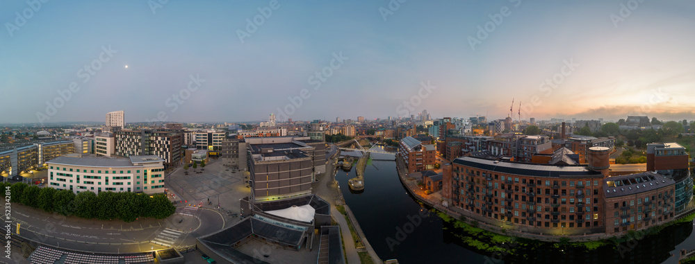 A drone aerial panorama showing thee Leeds docks and surrounding area including the royal armories