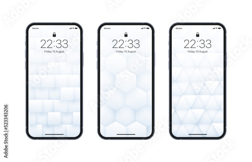 Various 3D Vector Geometric Light Wallpapers Set On Photo Realistic Mobile Phone Screen Isolated On White Background. Abstract 3D Rendered Technology Structure Different Screensaver For Cellphone