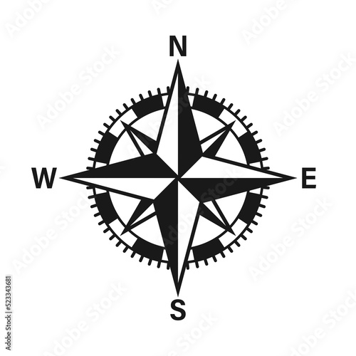 Vintage marine wind rose, nautical chart. Monochrome navigational compass with cardinal directions of North, East, South, West. Geographical position, cartography and navigation. Vector illustration.