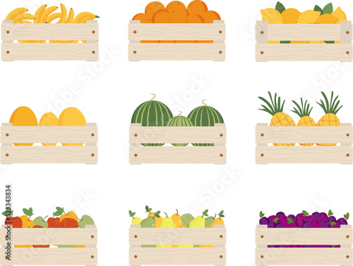 Set of different fruits in wooden boxes. Banana, orange, lemon, melon, water melon, pineapple, apple, pear, plum in boxes. Seasonal fruits, organic food, harvest. Vector illustration.
