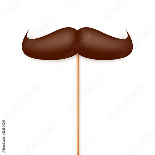 Realistic fake mustache on a wooden stick. Vintage paper mustache for carnival or holiday. Brown facial hair, hipster beard. Vector illustration