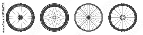 Black bicycle wheel symbols collection. Bike rubber tyre silhouettes. Fitness cycle, road and mountain bike. Vector illustration.