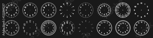 Mechanical clock faces with arabic numerals, bezel. White watch dial with minute, hour marks and numbers. Timer or stopwatch element. Blank measuring circle scale with divisions. Vector illustration