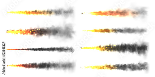 Realistic black smoke with fire, space rocket launch trails. Fire burst, explosion. Missile or bullet trail. Jet aircraft tracks. Smoke clouds, fog. Steam flow. Vector illustration