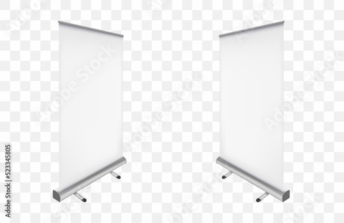 A set of roll up banner. 3d template for your design. For promotional presentation. Realistic vector illustration isolated on transparent background.