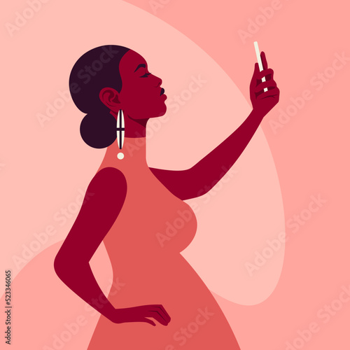 Pregnant African woman takes a selfie with smartphone. A mother. Side view. Social media. Vector flat illustration