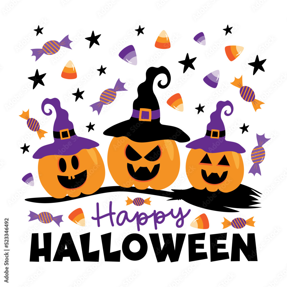 Happy Halloween - scary pumpkins in witch hat, and broom, candy corn, and sweets. Good for greeting card, party invitation, poster, T shirt print, and other decoartion.