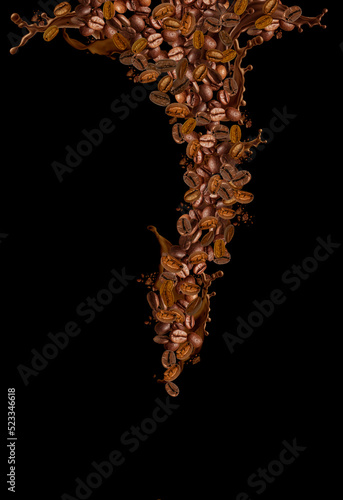 close up of coffee beans splashing