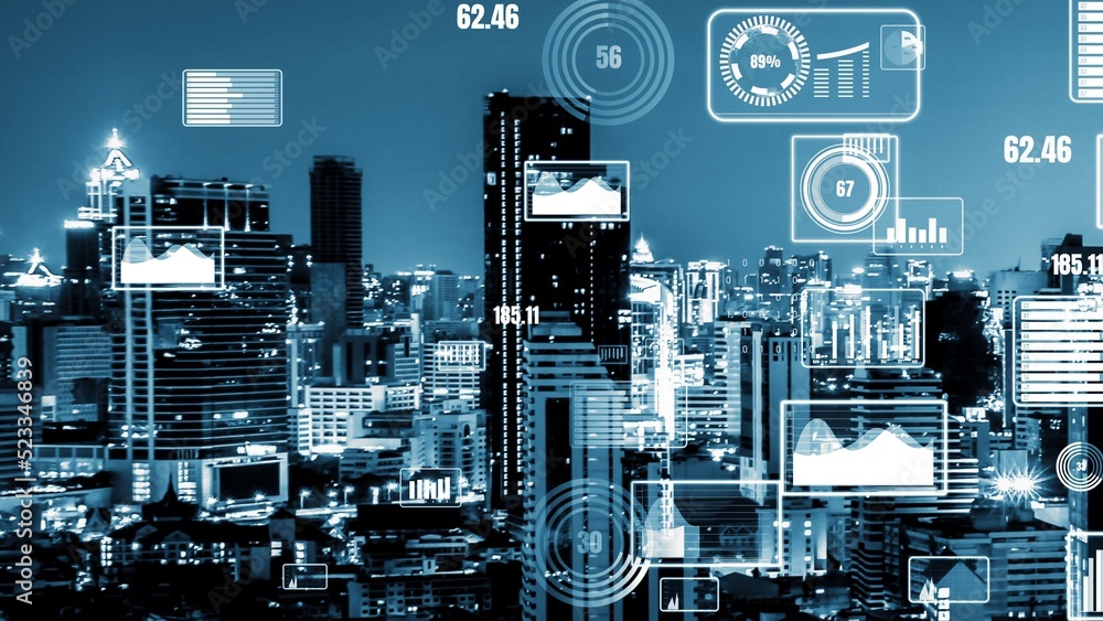 Business data analytic interface fly over smart city showing alteration ...