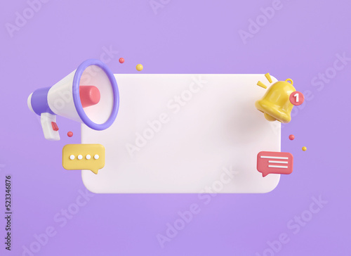 3d megaphone with message speech bubble copy space.  reminder popup bell push notification symbol. 3d rendering illustration cartoon minimal style. Empty application business promotion. photo