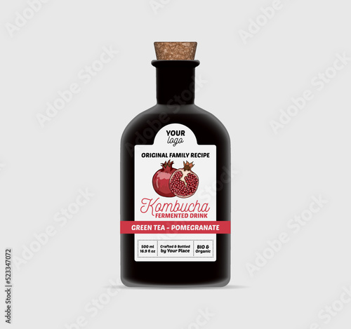 Pomegranate Kombucha label template Tea Bottle Packaging Isolated