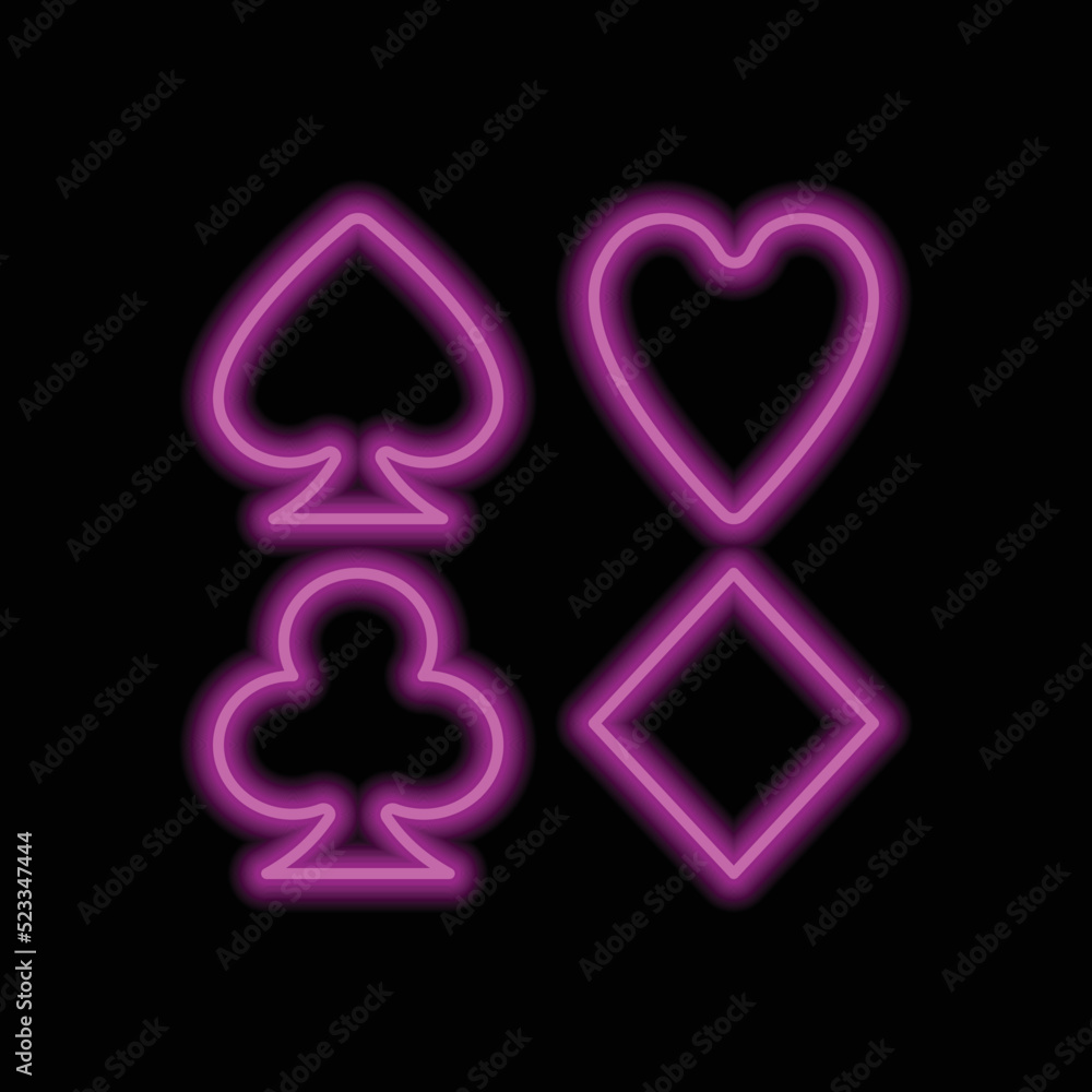 Playing cards symbols. Heart, spade, diamond, clubs simple icon vector. Flat design. Purple neon on black background.ai Playing cards symbols. Heart, spade, diamond, clubs simple icon vector. Flat design. Purple neon on black background.ai