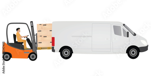 Forklift loading container to delivery truck. vector illustration